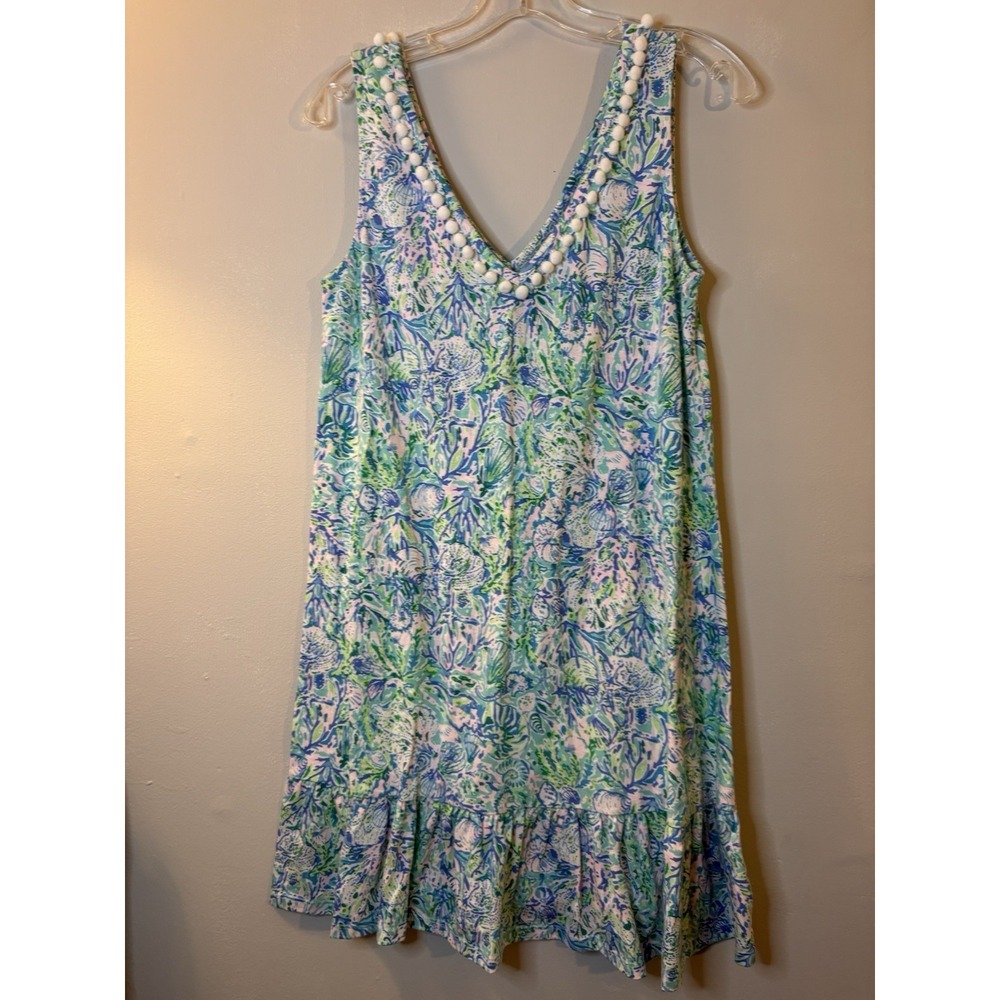 LILLY PULITZER Blue Soleil It On Me Camilla Swing Dress S Cotton Knit V Neck Pom